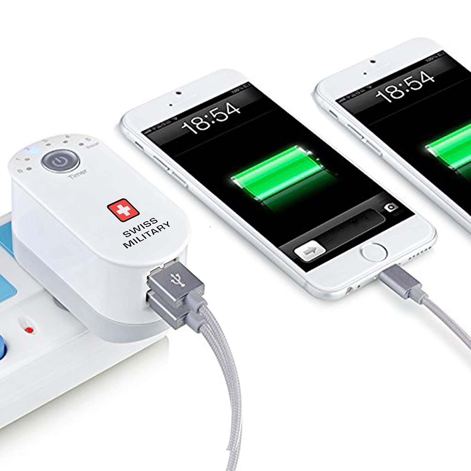 Two phones charging from the time charger.