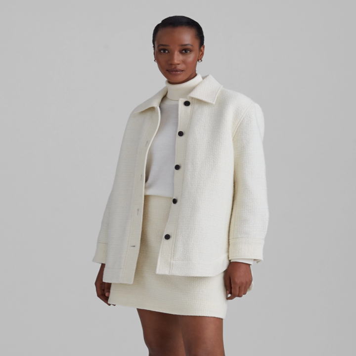 a person wearing a plush button up shacket