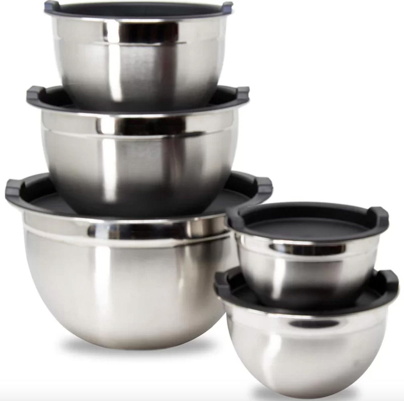 The set of five stainless steel mixing bowls with lids 