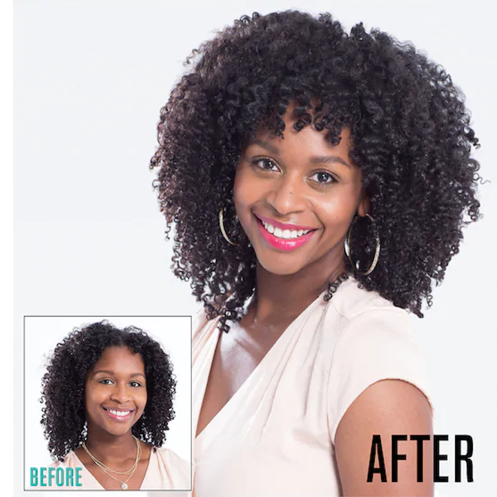 A before showing someone with loose dry curly hair and then after image of them with more voluminous, curly hair
