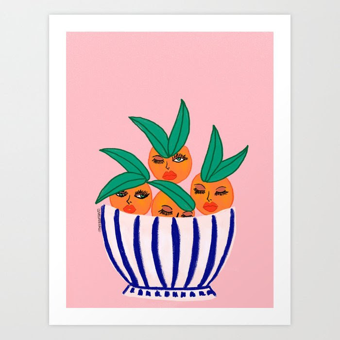 print of illustrated oranges with faces in a bowl with a light pink background
