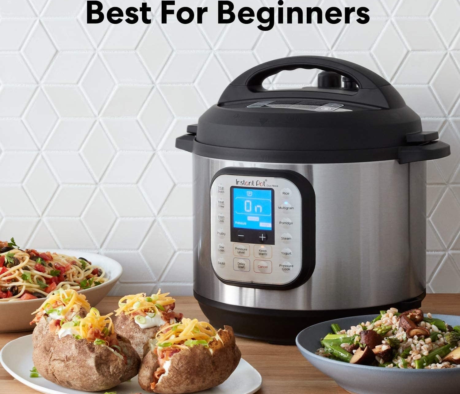 An Instant Pot next to plates of baked potatoes and other delicious meals