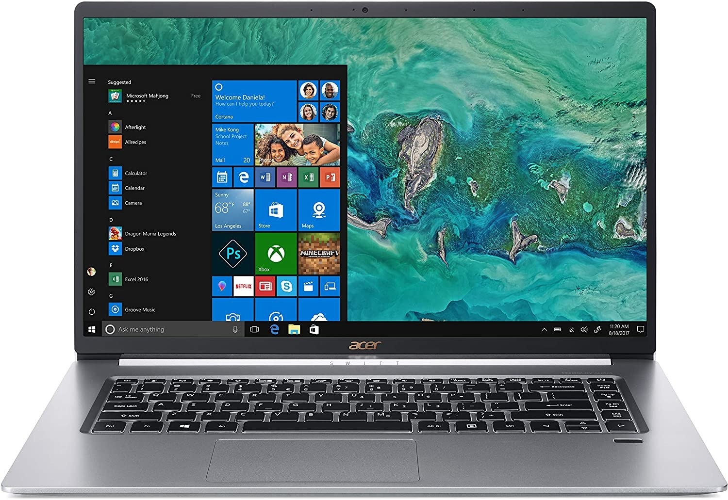 An open laptop on a plain background