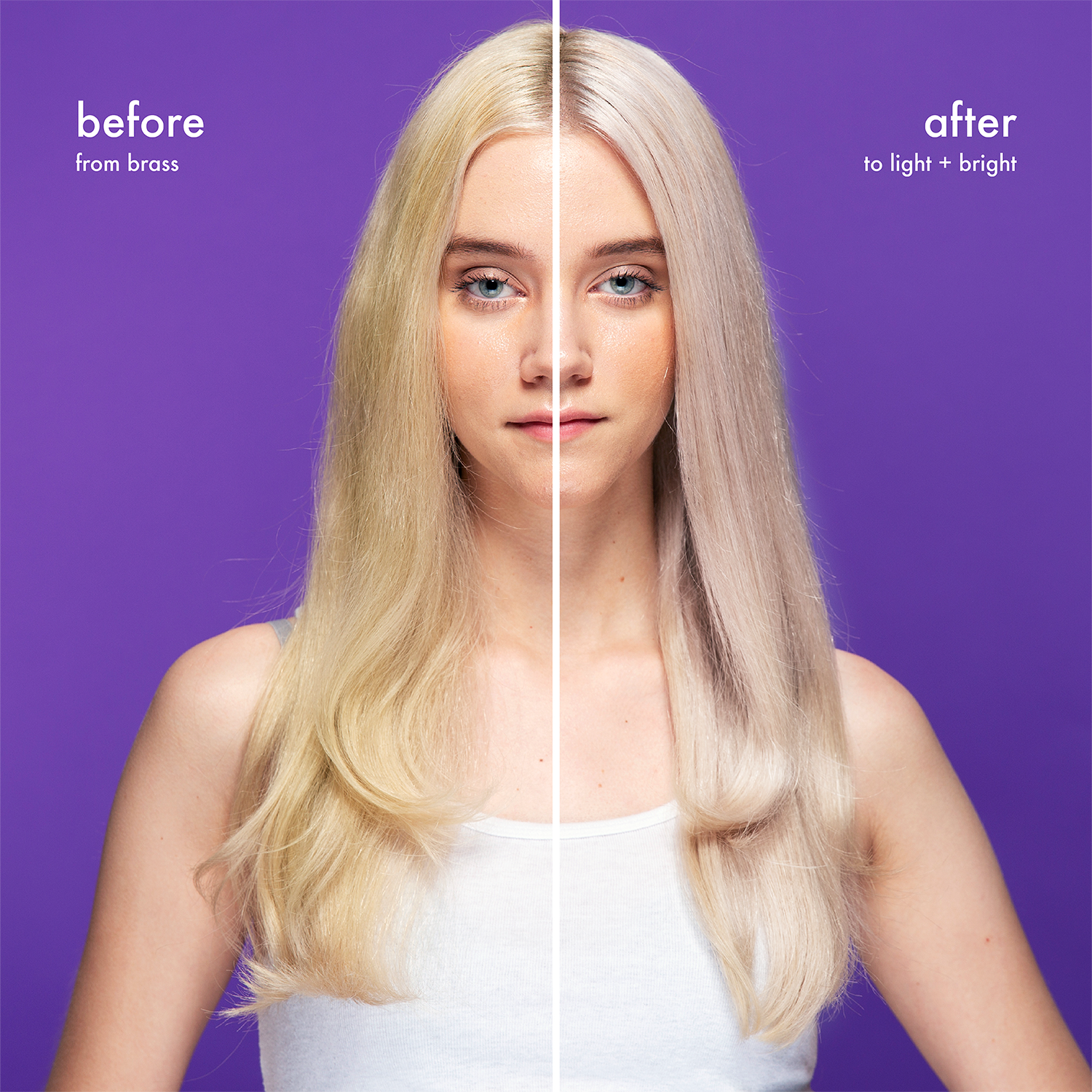 A before and after where the after shows blonde hair that is pale, neutral in tone, and visibly softer