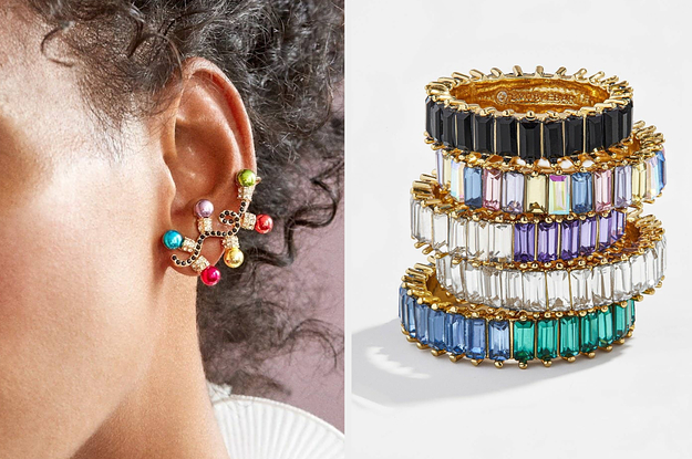 to the left: a model with a holiday light ear crawler, to the right: a stack of rings