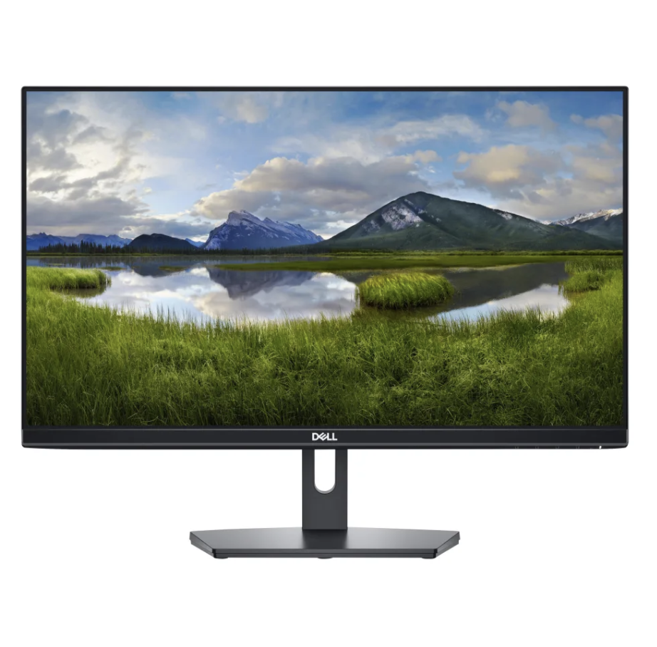 Front of Dell monitor with a river and mountains displayed on screen