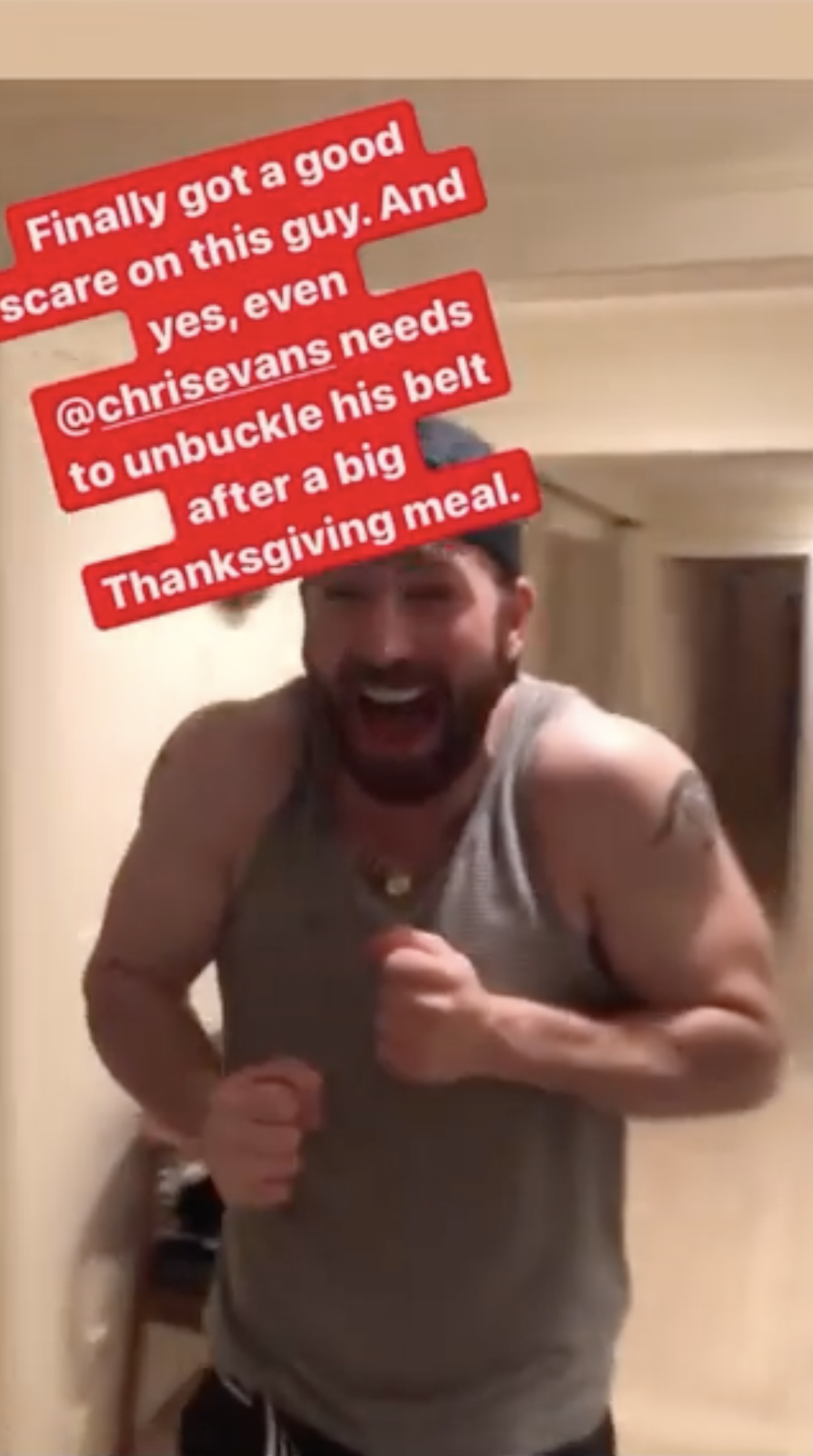 A closeup from Scott Evans&#x27; Instagram story of a surprised Chris Evans