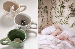 A split thumbnail of mugs with figurines and a bedroom with vines