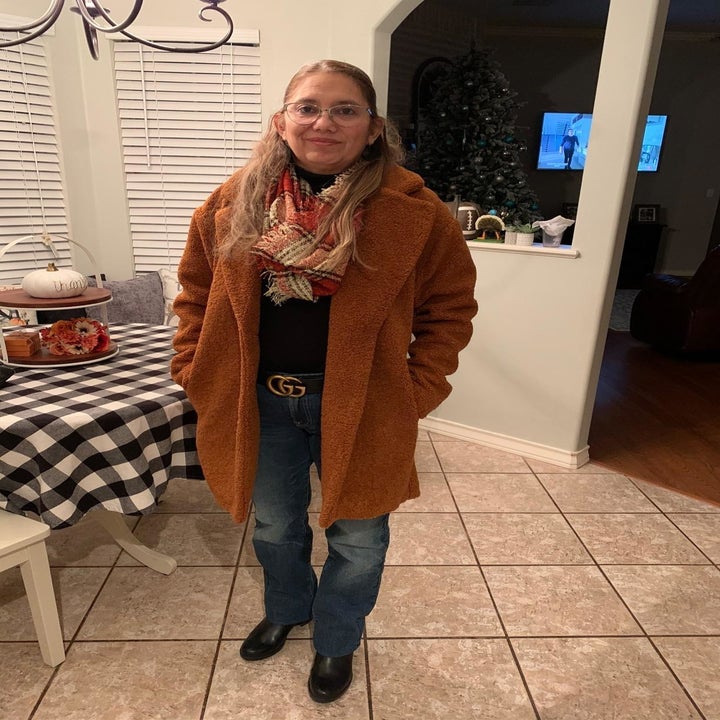 Reviewer wearing the tan version