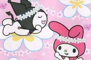 My Melody and Kuromi sitting on flowers and smiling