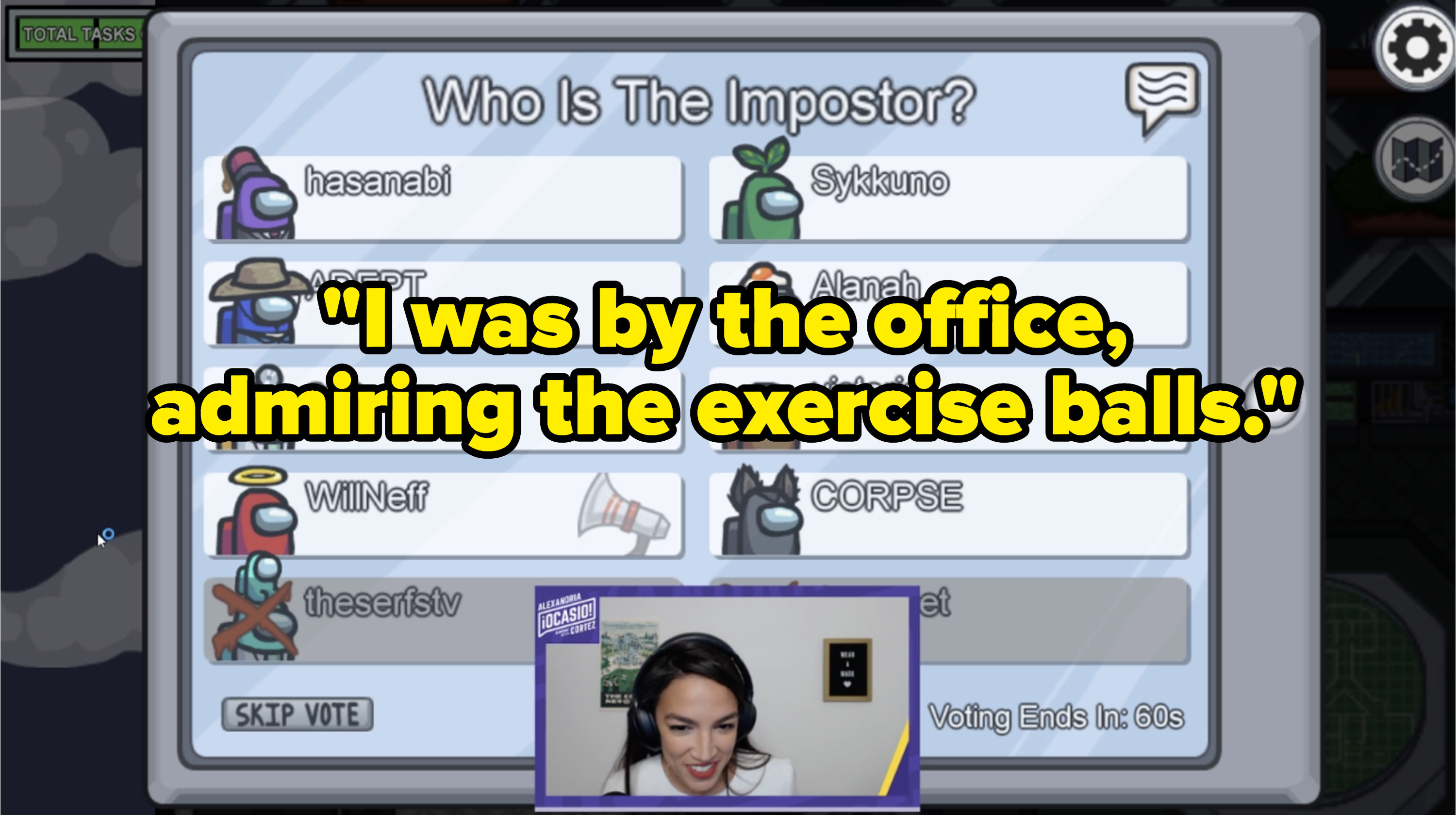 AOC in video with text that says, I was by the office, admiring the exercise balls