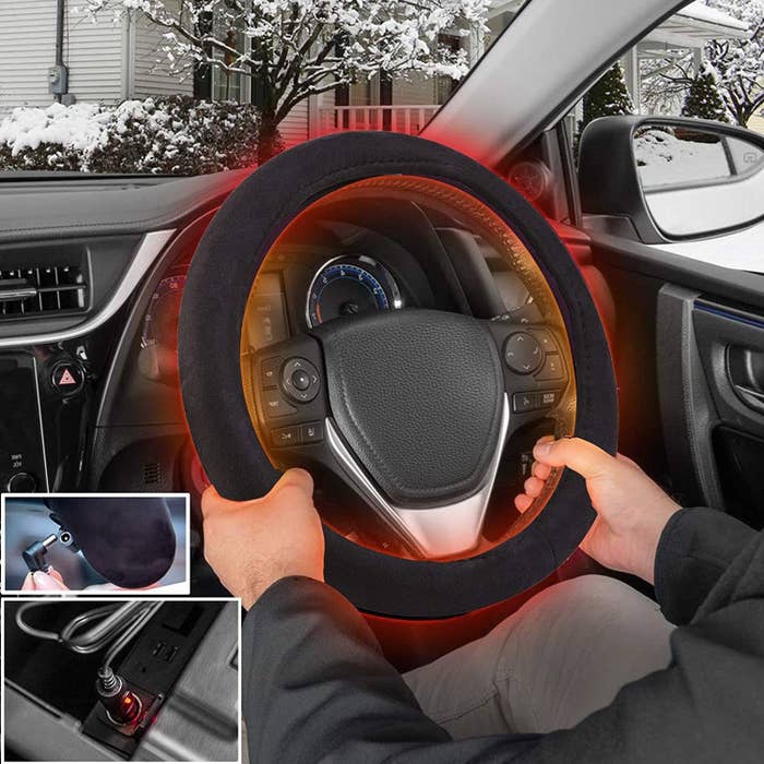 Graphic of steering wheel with red glowing from it to represent heat. Also shows cord being plugged into car jack. 