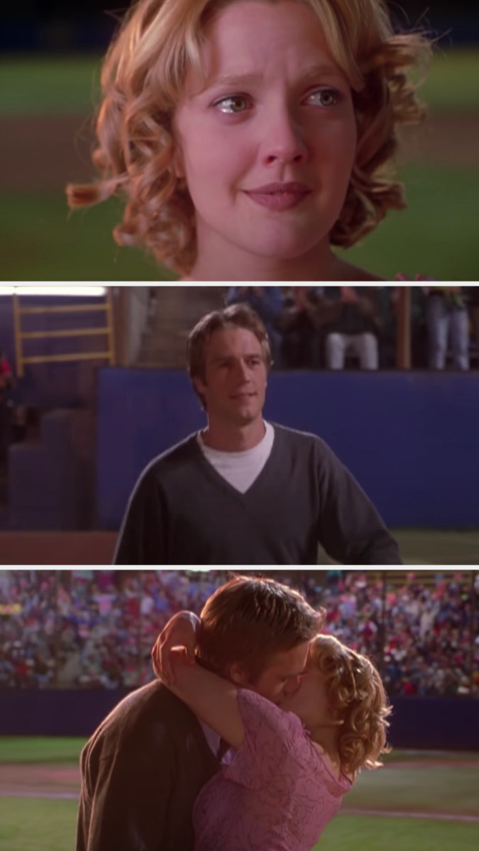 Josie with teary eyes, Sam running onto the baseball field, and Sam and Josie kissing