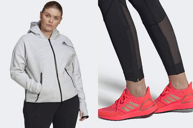 on left model wearing gray zip up hoodie and on right model wearing pink running sneakers