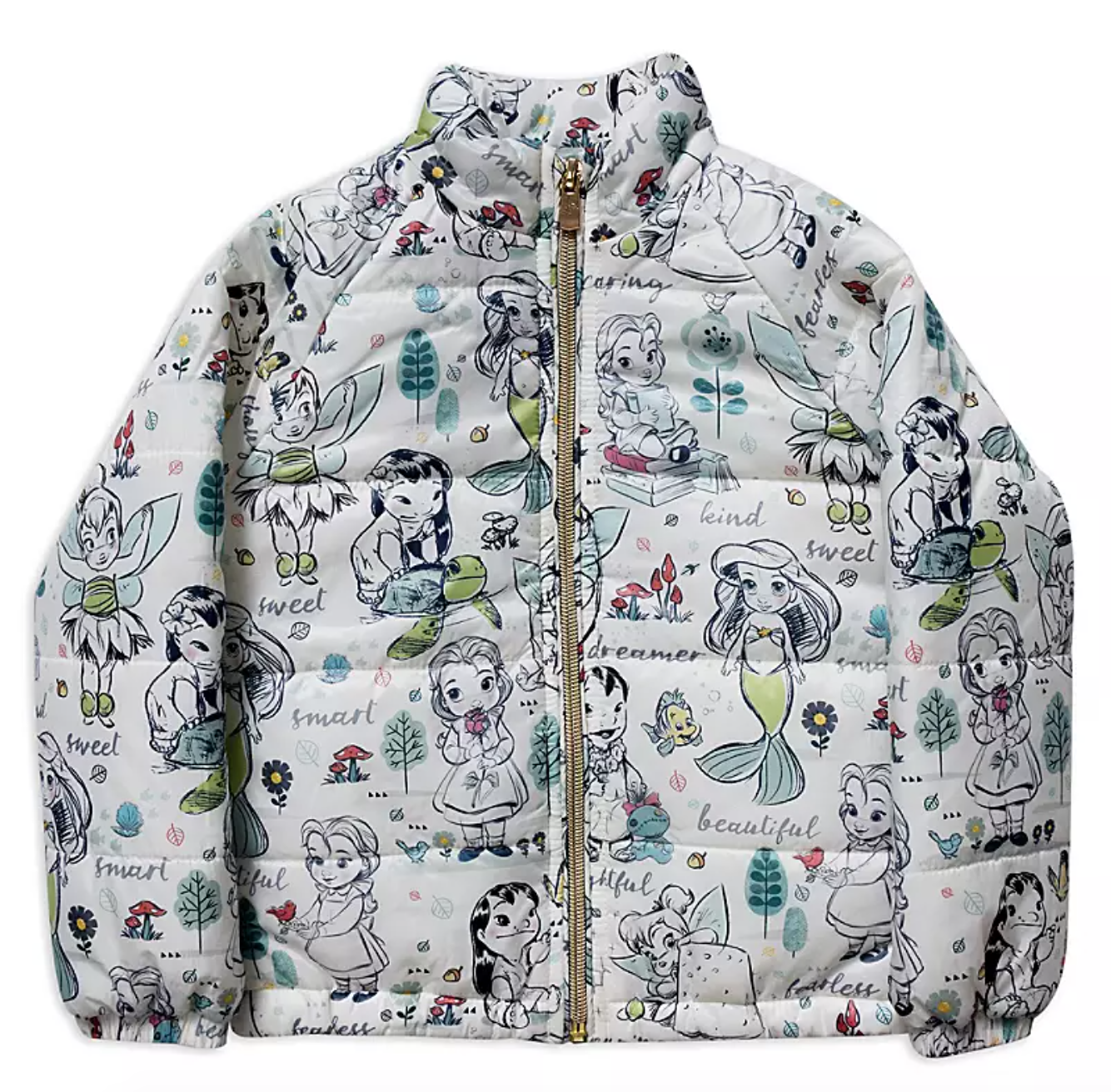a white jacket covered in illustrations of the disney princesses as children