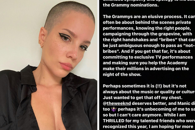 Halsey posing for a selfie next to her statement about the Grammys