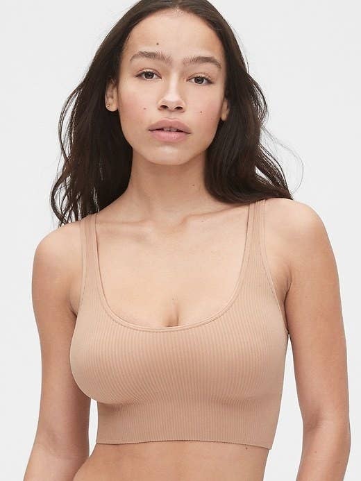 Reviewer wearing the bralette in nude