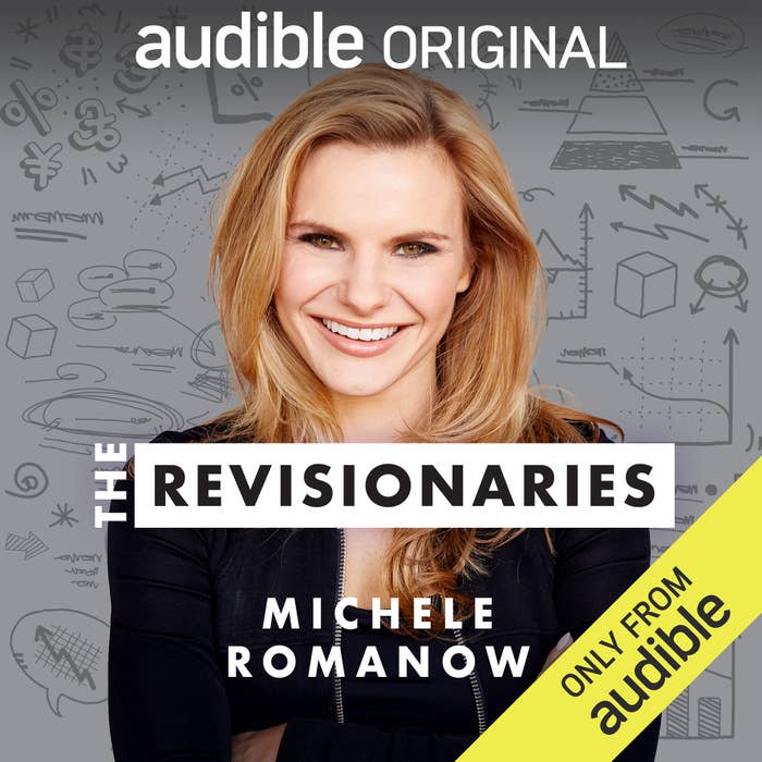 The cover of Michele Romanow&#x27;s audiobook &quot;The Revisionaries&quot; with a picture of Michele smiling