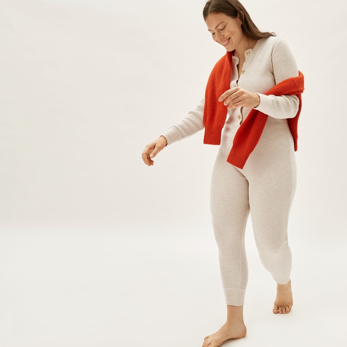 Model wearing the long-sleeve oatmeal color