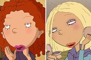 Ginger is on the left whispering with Courtney putting on makeup on the right