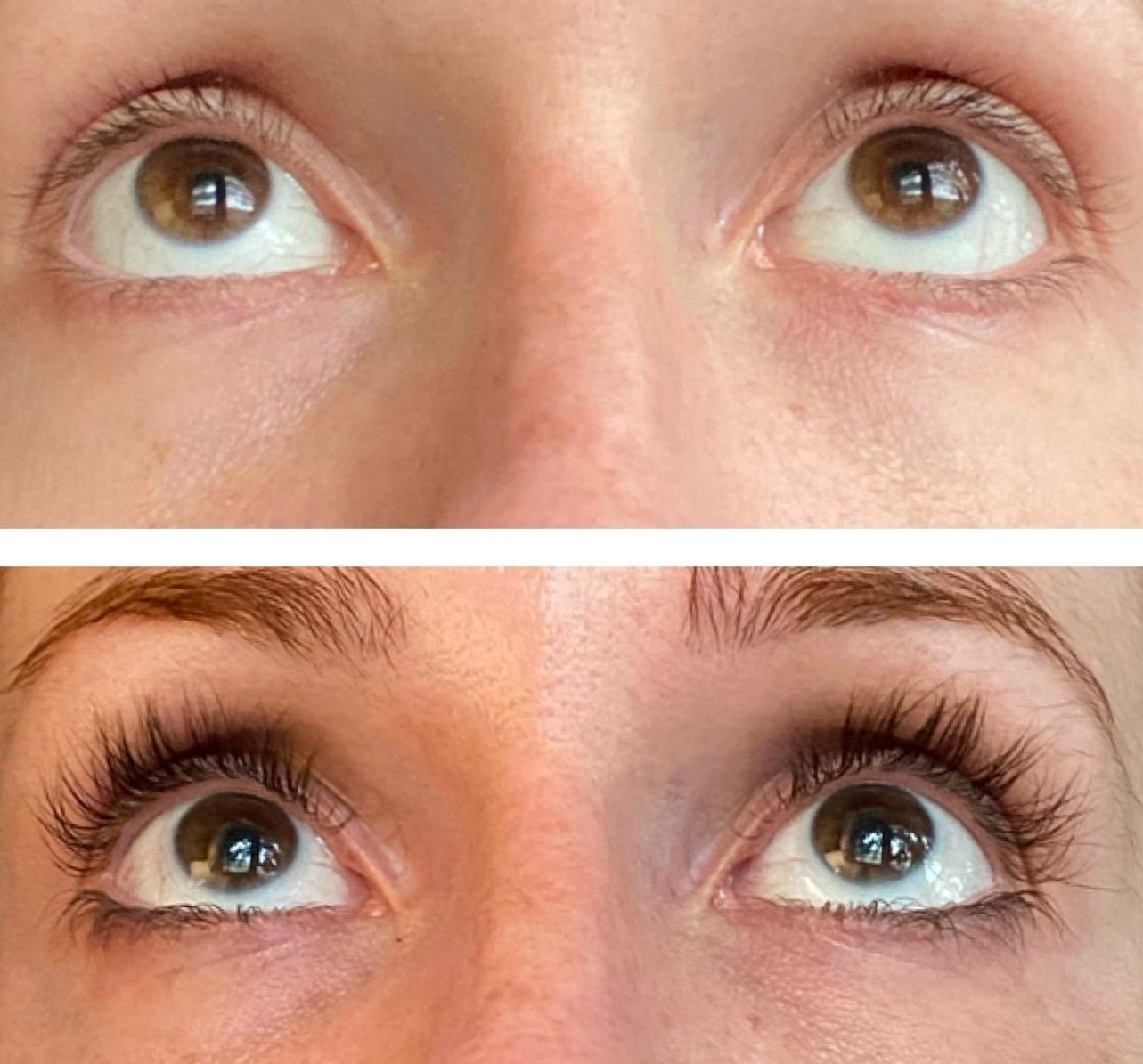 A before/after of a reviewer&#x27;s lashes, looking much fuller and longer after