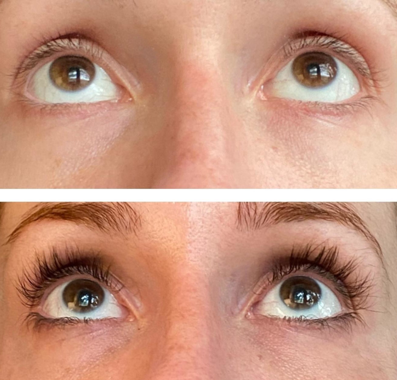 A before/after of a reviewer&#x27;s lashes, looking much fuller and longer after