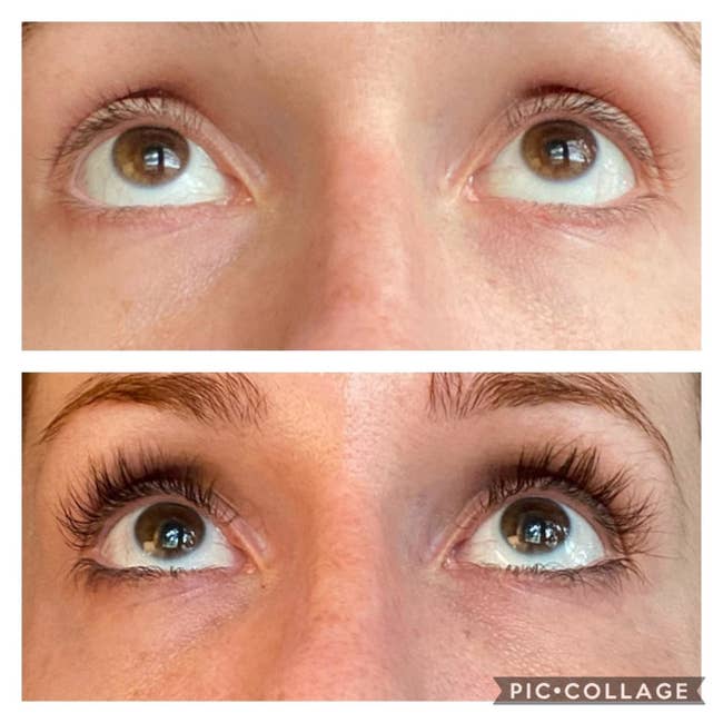 A before/after of a reviewer's lashes, looking much fuller and longer after