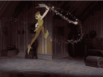 a gif of peter pan chasing tinker bell around the room