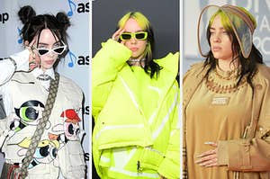 Billie Eilish is posing in three different outfits at a red carpet event