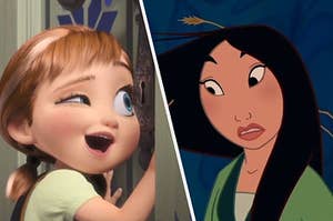 Ana from "Frozen" is singing on the left with Mulan on the right