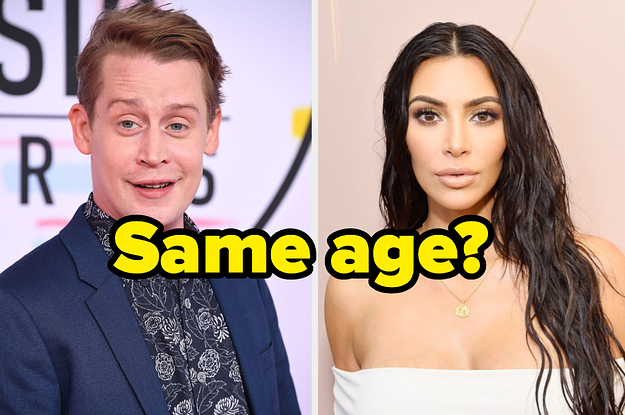 Macaulay Culkin and Kim Kardashian posing at press events