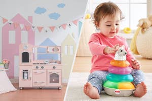 A play kitchen in pink, a child playing with a lights and color llama toy