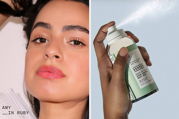 on left model wearing pink lip tint and on right model spraying bottle of acne mist