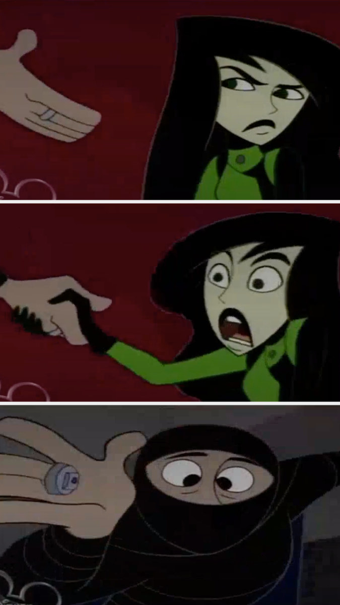 An Embarrassment Ninja shakes Shego&#x27;s hand, she freaks out, and the ninja reveals an shocker in their hand