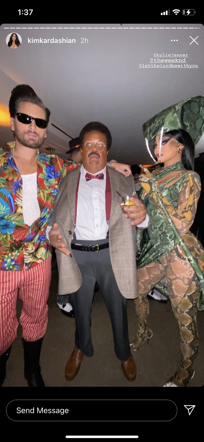 Scott Disick dressed as Ace Ventura, The Weeknd dressed as the Nutty Professor, and Kylie Jenner dressed as a sexy snake pose for cameras