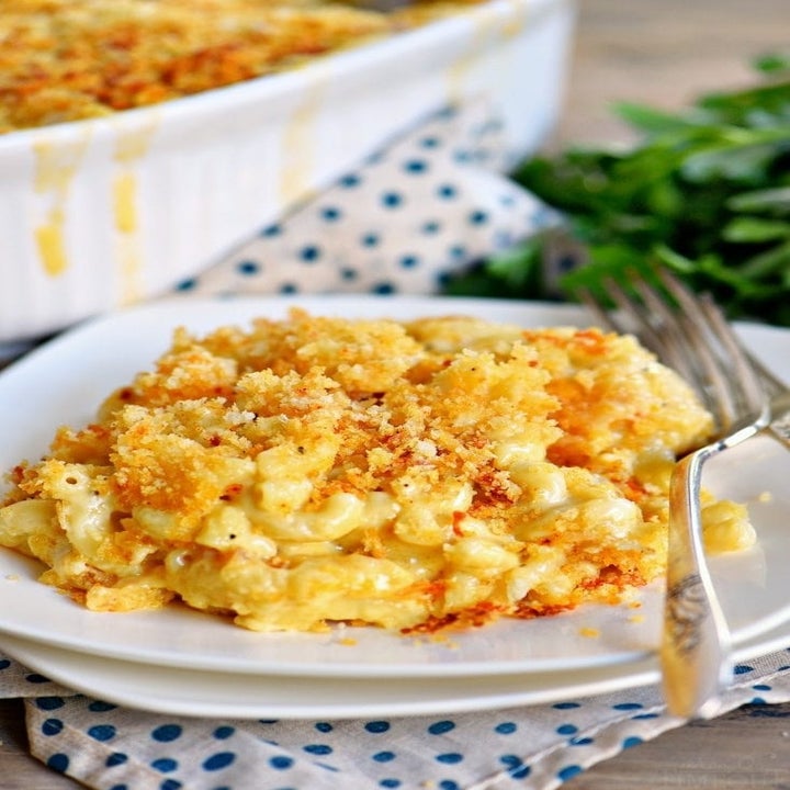 A plate of creamy mac 'n' cheese with crispy topping.