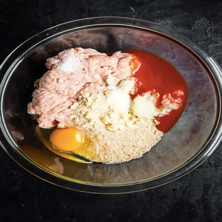 Ground chicken, egg, bread crumbs, buffalo sauce, and garlic for meatballs.