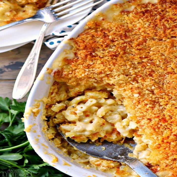 A baking dish of mac 'n' cheese with crispy bread crumb topping.