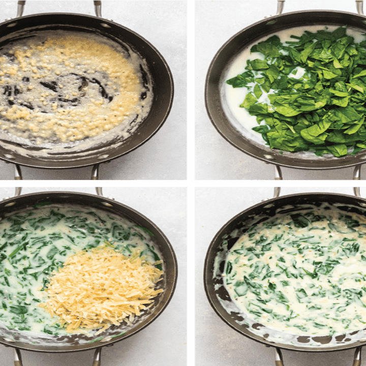 A process shot of making the creamy parmesan spinach sauce in a skillet.