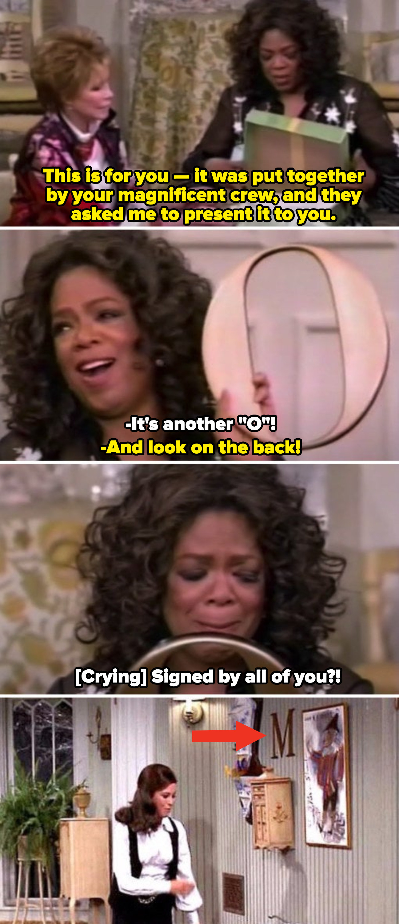 Mary Tyler Moore giving Oprah an &quot;O&quot; on &quot;The Oprah Winfrey Show;&quot; Mary Richards in her apartment in &quot;The Mary Tyler Moore Show&quot;