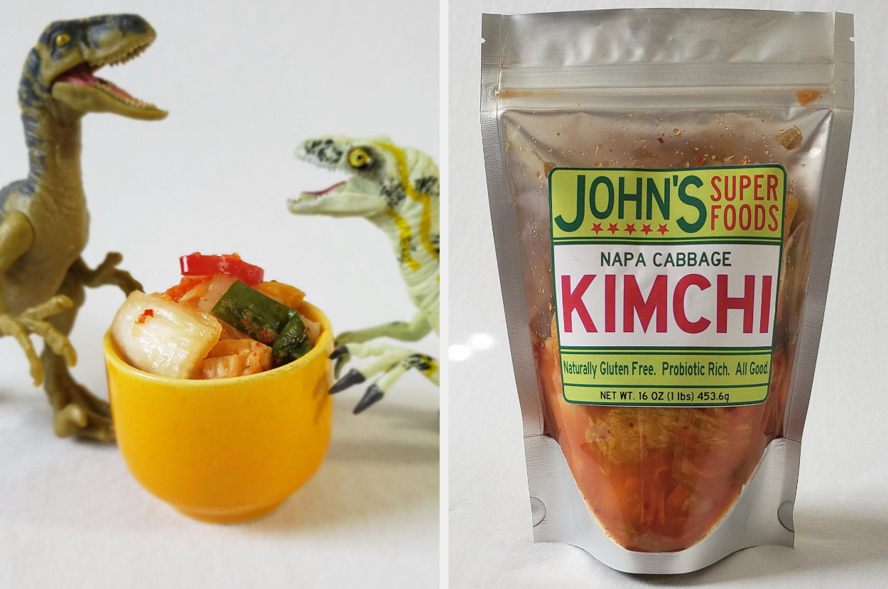 Split image of a small bowl of kimchi with toy dinosaurs and a silver and clear plastic package of the kimchi