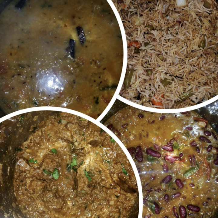 A reviewer's photo of several dishes like rice and beans they made with the Instant Pot