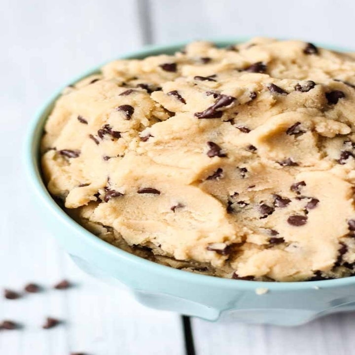 A bowl of edible chocolate chip cookie dough.