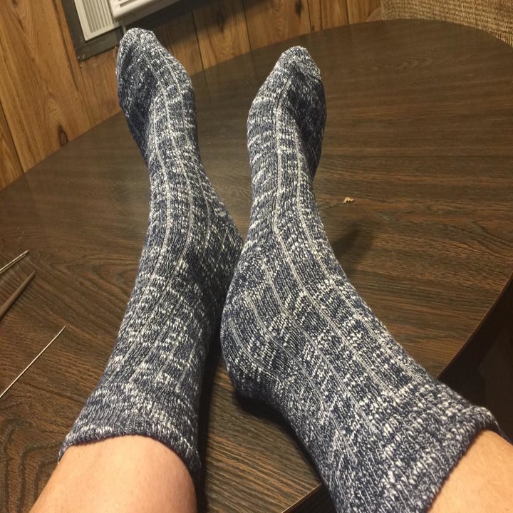 Reviewer image wearing the navy marled socks