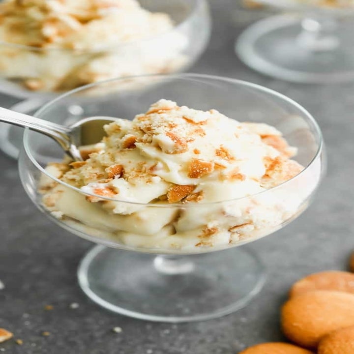 A cup of creamy banana pudding.
