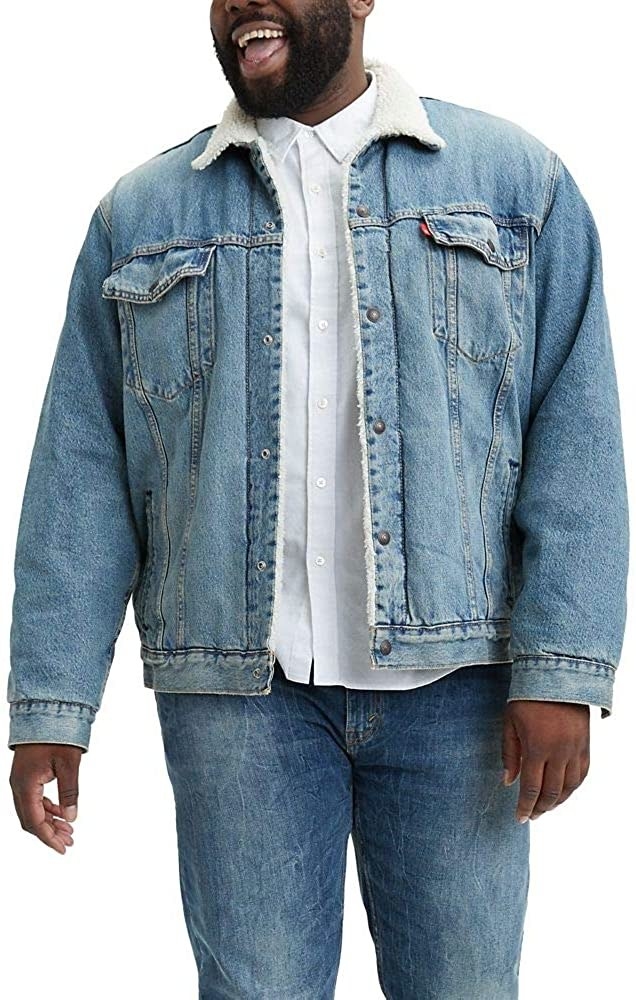 Model wearing blue denim sherpa