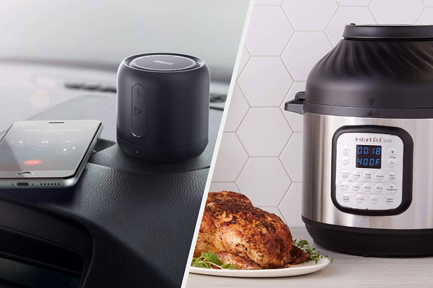 Left a mini Bluetooth speaker plays music from a phone, right an Instant Pot Duo Crisp
