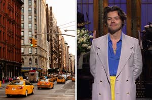 On the left, a busy NYC street with taxis, and on the right, Harry Styles doing his "SNL" monologue