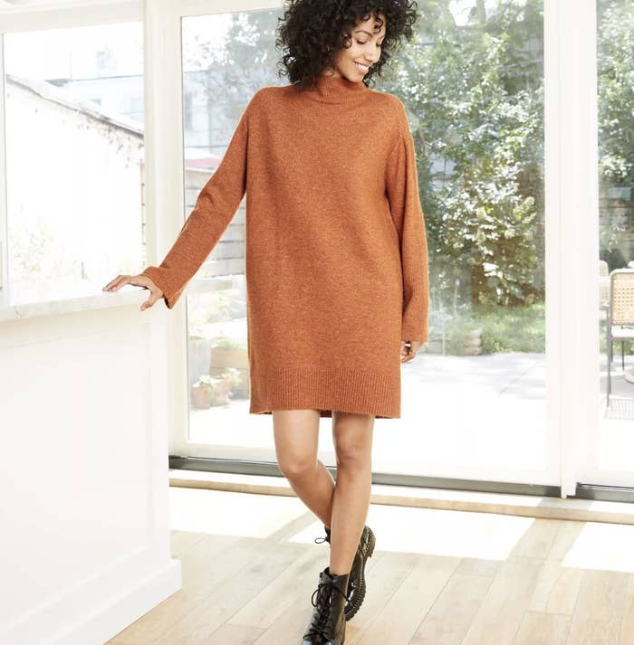 orange mock-neck long sleeve sweater dress