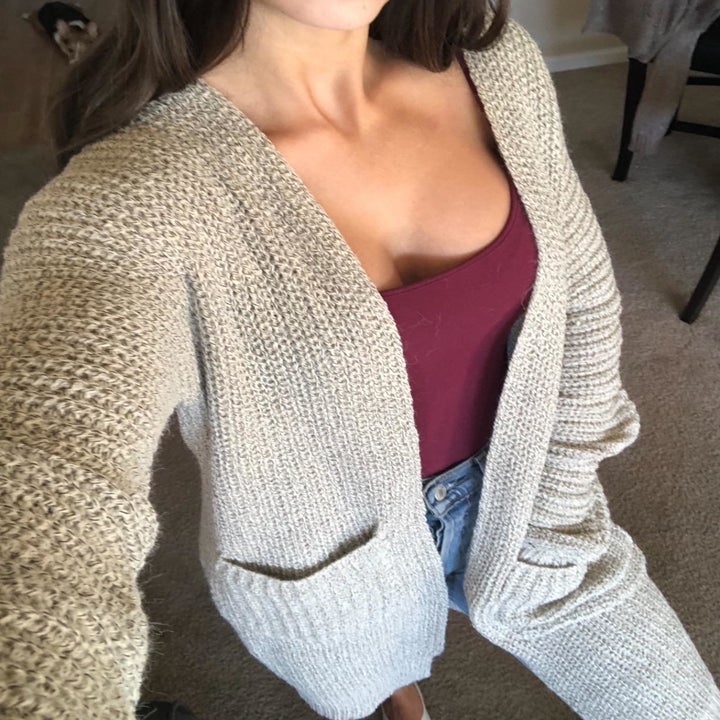 Another reviewer showing a closeup and full length of the cardigan